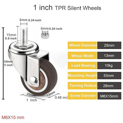 1" M6x15 Stem Casters Bolt Threaded Wheels,TPR Mute Rubber Swivel Single Caster Screws in Wheel Small with 2 Brake Locks-Brown