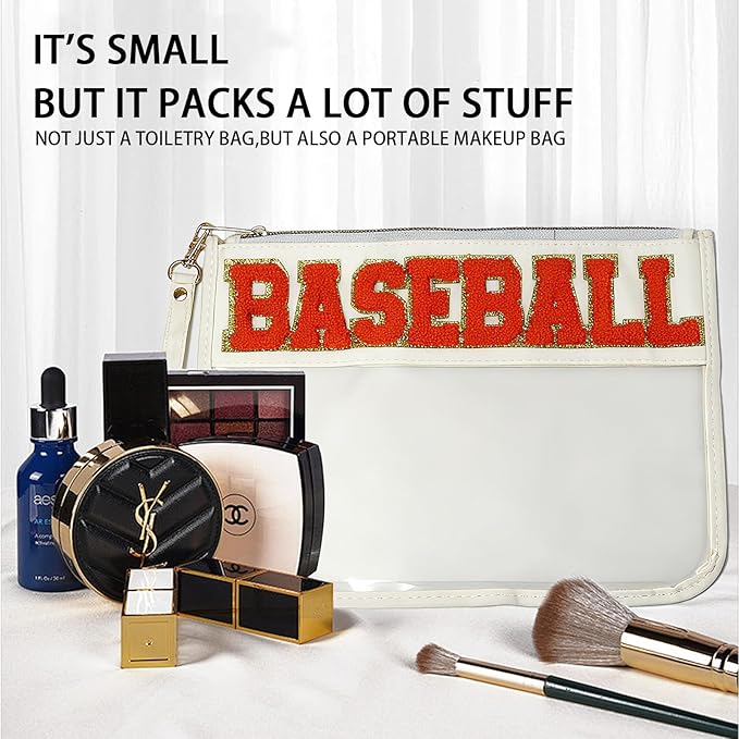 2 Pcs Baseball Gifts Makeup Bag with Chenille Letter Patch,with Handles Baseball PVC Waterproof Clear Makeup Bag,Portable Toiletry Storage Bag,Players & Fans Birthday, Team or Sports Lover Presents