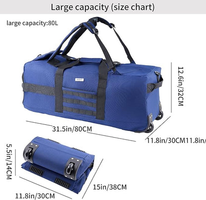 80L Rolling Duffel Bag with Wheels,Rolling Garment Bag,Military Tactical Wheeled Foldable Backpack For Deployment Traveling Camping Sporting (Blue+Drawstring bag)