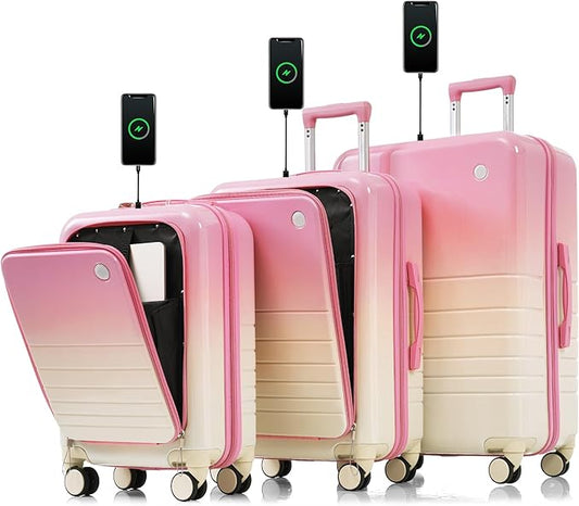 3 Piece Carry On Luggage With USB Port ABS Hard Shell Suitcase Sets