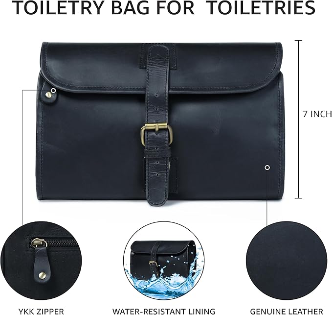 LEATHER VILLAGE Hanging Leather Toiletry Bag for Men – Handcrafted Vintage Premium Travel Dopp Kit with Waterproof Lining, Shaving Organizer and Shower Bathroom Essentials Case - Black