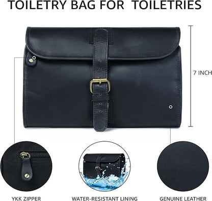 LEATHER VILLAGE Hanging Leather Toiletry Bag for Men – Handcrafted Vintage Premium Travel Dopp Kit with Waterproof Lining, Shaving Organizer and Shower Bathroom Essentials Case - Black