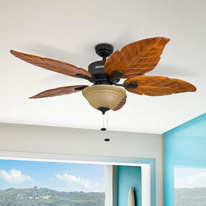 Honeywell Ceiling Fans Sabal Palm, 52 Inch Tropical LED Ceiling Fan with Light, Pull Chain, Dual Mounting Options, Hand Carved Solid Wood Blades - 50204-01 (Bronze)