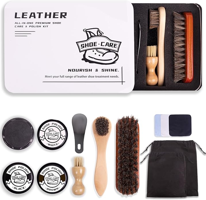 14 Pcs Premium Shoe Shine & Care Kit, Leather Boot Polish and Cleaning Tools - Shoe Care Set for Men & Women