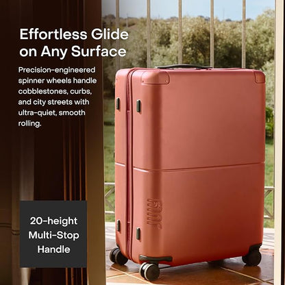 Checked Plus Expandable - 28.75" Airline Approved Check In Luggage with Wheels, Rolling Suitcase for Men & Women - TSA Lock, Silent Spinner Wheels, Expansion Zip, Y-Strap - Clay