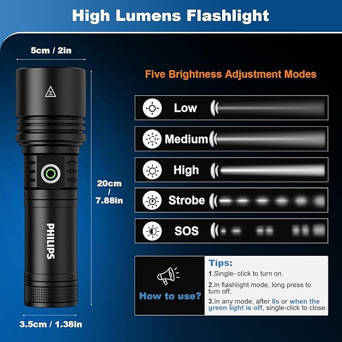 Philips Flashlights High Lumens Rechargeable with Ignition Lens,2500lm Tactical Flashlights with Camping Lamp,2 Colors Zoomable 5Modes Reverse Charging LED Bright Flashlight for Home Outdoor Gift