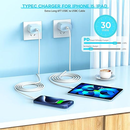 【Apple MFi Certified】20W USB C Fast Charger iPhone 17 16 15 Charge Block 3Pack 6 FT TypeC Fast Charger Cable for iPhone 17/17 Pro/17 ProMax/iPhone 16/16 ProMax/15 Plus All USB C Charging Devices(Blue)