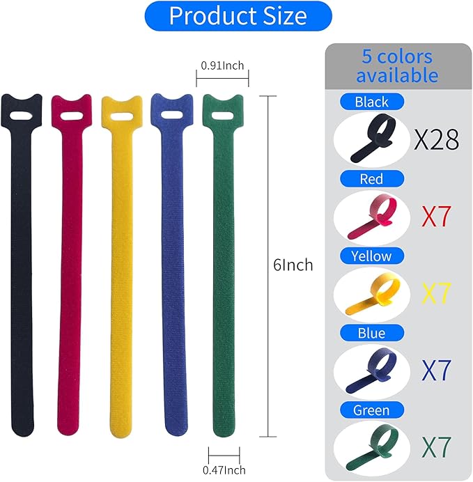 6 Inches Multi-Colour Reusable Cable Ties Cord Straps Multi-Purpose Wire Ties Cord Wrap Hook and Loop Organizer Cable Management,Adjustable Cord Ties for Organizing Home,Office,Data Centers,56 PCS