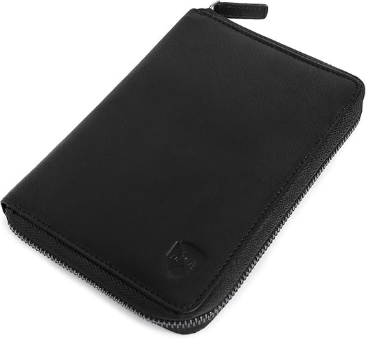 ALLEN & MATE 100% Leather Passport Holder for Women & Men - RFID Blocking Travel Document Organizer with Credit Card & SIM Slot, Slim Genuine Leather Wallet for Travel Essentials, Black