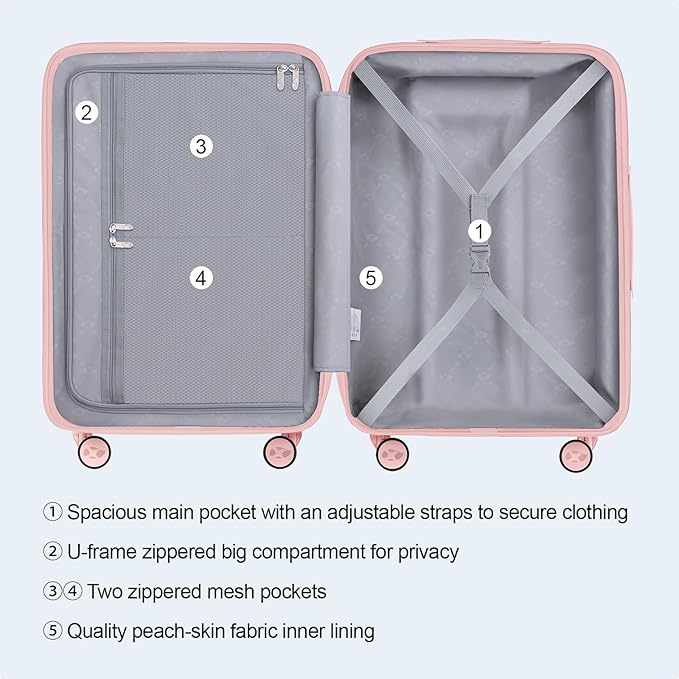 MGB Hardside Checked Luggage with Wheels, Lightweight Durable Medium Luggage with TSA Lock, PC Hard Shell Suitcase for Travel with 360°Double Spinner Wheels