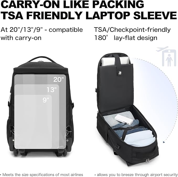 Boavan Rolling Backpack,17 inch Water Resistant Wheeled Backpack,Carry on Luggage Business Bag, Overnight College Computer bag Trolley Suitcase for Men Women Adults to Travel，Black&Orange