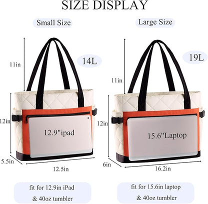Puffer Tote Bag for Women, Work Bag with Cup Holder, Teacher Bag with Compartments, Quilted Tote Bag with Zipper for Travel