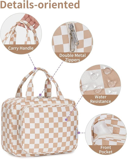 Travel Toiletry Bag for Women Large Hanging Makeup Bag Organizer Toiletries Bag for Full Size Essentials Accessories Cosmetics (Light Checkerboard (Large))
