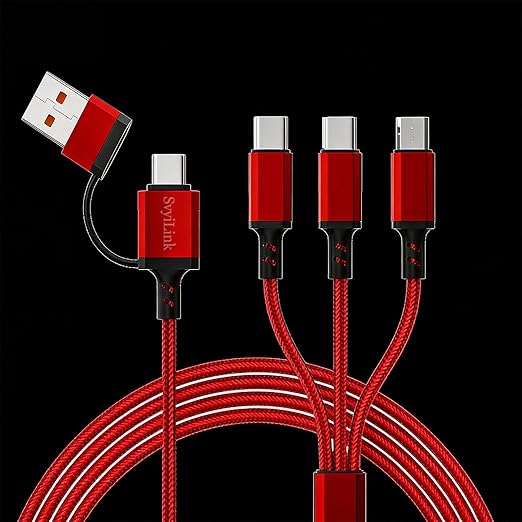 USB Cable PD Fast Charger Lighted Up (USB 6IN1 Braid Red),A Mobile Phone Data Cable, specifically a Fast Charging Cable, Crafted from Nylon Braided Material.