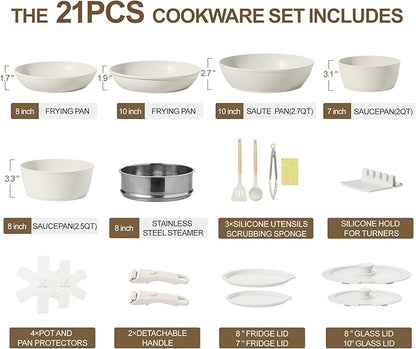 21PCS Pots and Pans Set Ceramic, Pots and Pans Set Non Stick, Removable Handle, Stackable, Nonstick Cookware Set, Non Stick for Cooking