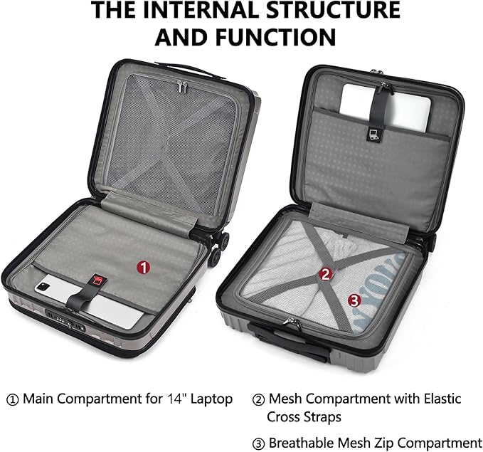 TydeCkare 16" Carry on Luggage with 2 Laptop Compartments, Lightweight Hardshell ABS+PC Suitcase with Dual Control TSA Lock, with YKK Zipper, 4 Spinner Silent Wheels, for Business Travel, Silver Grey