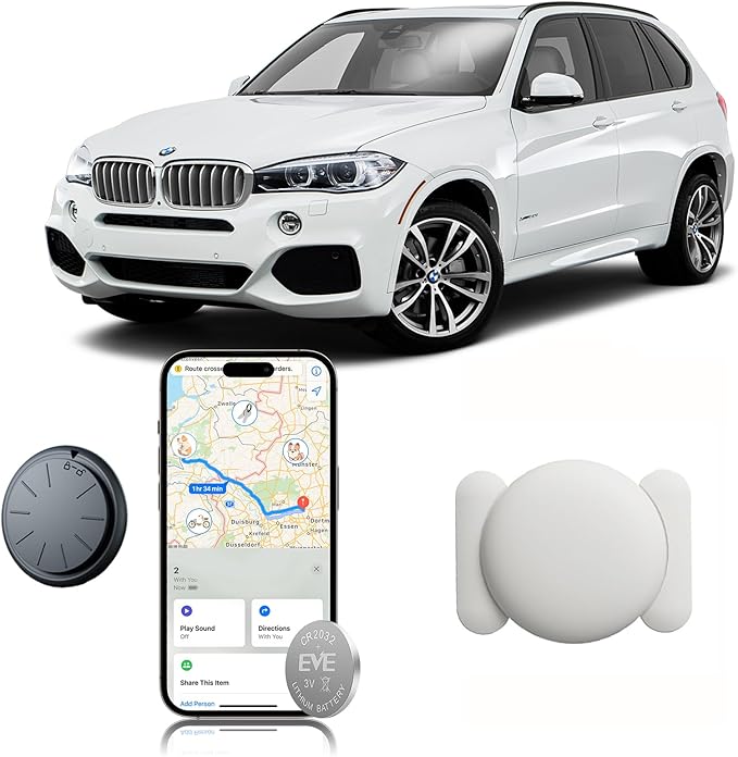 Car GPS Tracking Device for Vehicles, 1PCS Real Time GPS Tracker for Car Work with Find My (iOS Only),Hidden Mini GPS Tracker,No Monthly Fee (Black Tracker, White Magnetic Case)