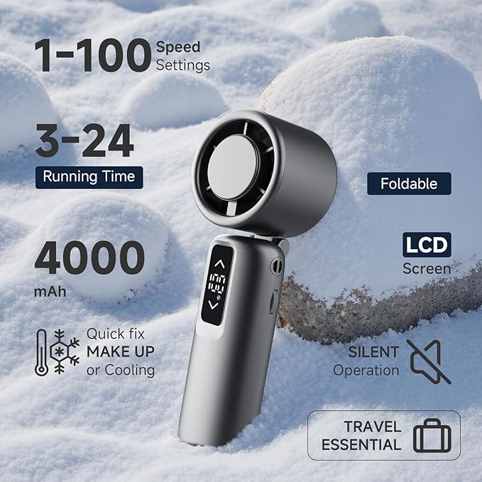 Portable Handheld Turbo Fan, 1-100 Gear Wind, Battery Operated, Up to 23 Working Hours, 3 IN 1 Personal Fan with Air Turbo Tech, Cooling Essentials for Indoor/Outdoor(Grey)