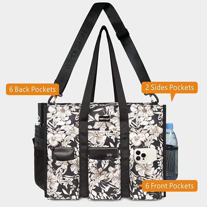 TOPDesign Utility Water Resistant Tote Bag with 22 Pockets, Top Zipper Closure & Thick Bottom Support, for Working Women