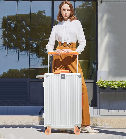 feilario 24" Aluminum Frame Wide Handle Hard Shell Carry On Suitcase - Vivid Colors Double Spinner Wheels Airline Approved Rolling Luggage with TSA Lock & Cup Holder (White, 24in)