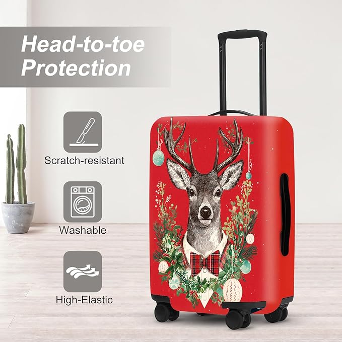 Reindeer Christmas Luggage Cover - Red Background with Wreath and Ornaments, Elegant Holiday Suitcase Protector for 32 34 Inch Travel