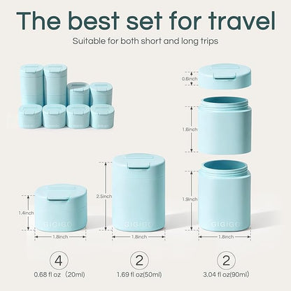 GIGIGO Magnetic Travel Containers Pale Cyan Set, 8-Pack Leakproof Refillable Cosmetic Capsules (0.68/1.69/3.04 fl oz) for Toiletries, Travel Size Jars with Lids & Labels for Skincare, Creams, Lotion