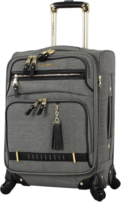 Steve Madden Designer-Gepckkollektion Leichter Softside-Koffer fr Damen und Herren strapazierfhige 50,8 cm groe Tragetasche mit 4 rollenden Spinner-Rdern, Peek-a-boo Grey, 20in, Carry on Bag With