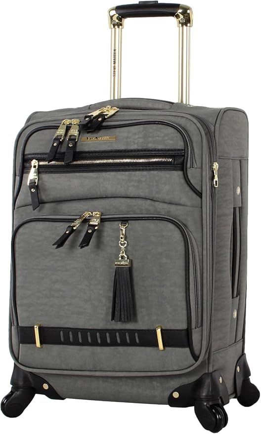 Steve Madden Designer-Gepckkollektion Leichter Softside-Koffer fr Damen und Herren strapazierfhige 50,8 cm groe Tragetasche mit 4 rollenden Spinner-Rdern, Peek-a-boo Grey, 20in, Carry on Bag With