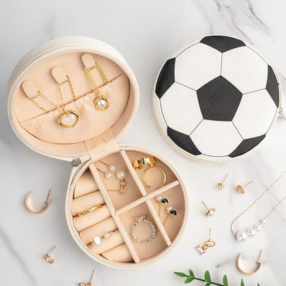 12-Pack Soccer Mini Travel Jewelry Case Round Black and White Soccer Stuff Portable Jewelry Organizer Storage Case for Christmas Graduation Sports Team Club Birthday Goodie Favors Gifts