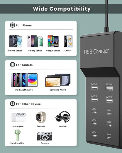 USB C Charger Block 10-Port USB-C Charging Station 6 USBC Ports & 4 USB-A Ports Total 50W USB Power Strip for Multi Devices for iPhone 16 17 15 14 13 12 Se, Galaxy, Pixel, Tablet, Camera, Headphones