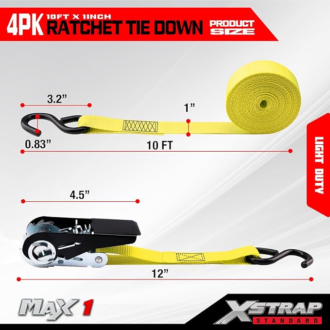 XSTRAP STANDARD Ratchet Tie Down Straps 4 Pk 10 Ft- 300 Lbs Load Cap- 900 Lbs Break Strength-Cargo Straps for UTV, ATV, Pickup,Truck, Moving Appliances, Lawn Equipment, Yellow