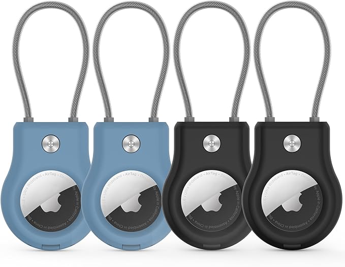 AirTag Keychain Holder - (4 Pack) Airtag Lock Case with Wire Cable Compatible with Apple AirTags,Ultra Durable Anti-Lost Protective Case with Keyring for Luggage, Key, Backpack, Bag Black/Light Blue
