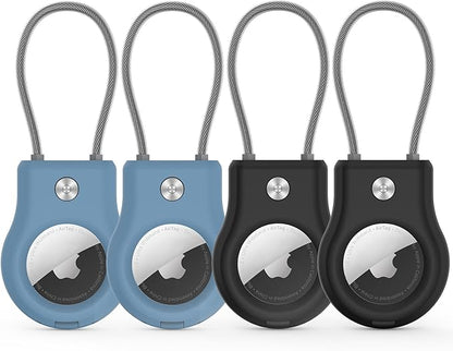 AirTag Keychain Holder - (4 Pack) Airtag Lock Case with Wire Cable Compatible with Apple AirTags,Ultra Durable Anti-Lost Protective Case with Keyring for Luggage, Key, Backpack, Bag Black/Light Blue
