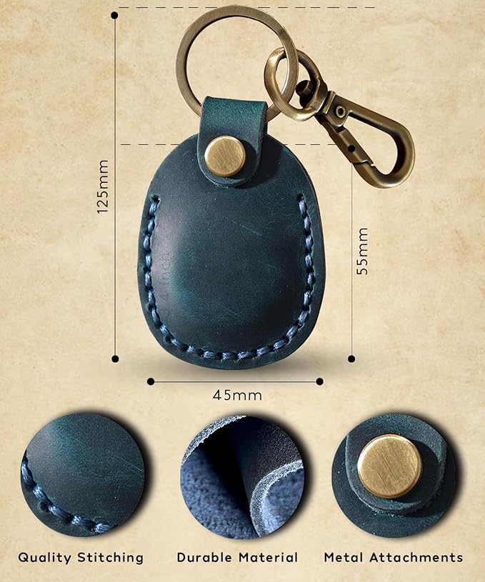 Genuine Leather AirTag Keyring Holder Compatible with Apple AirTag Keychain Leather. Anti Lost Secure Air Tag Case Key Ring for Key Pet Collar Luggage Bag. Protective AirTags Key Chain Cover (Blue)