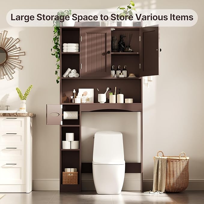 Gizoon Over The Toilet Storage Cabinet, Over Toilet Bathroom Organizer with Adjustable Shelves and 2 Doors, Over Toilet Storage Cabinet with Paper Holder, 2 Side Hooks, Space-Saver, Dark Brown
