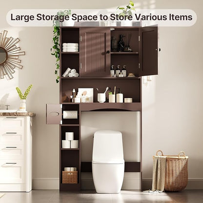 Gizoon Over The Toilet Storage Cabinet, Over Toilet Bathroom Organizer with Adjustable Shelves and 2 Doors, Over Toilet Storage Cabinet with Paper Holder, 2 Side Hooks, Space-Saver, Dark Brown