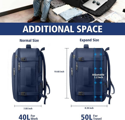Travel Backpack, Extra Large 50L Flight Approved Carry on Backpack, Expandable Waterproof Business Suitcase Daypack Big Bag Fits 18.4 Inch Laptop, Blue