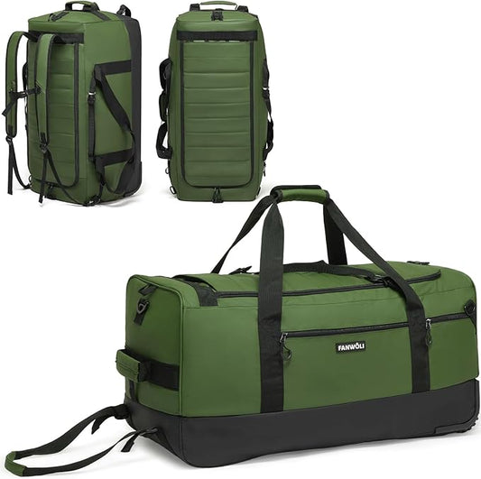 Fanwoli 30'' Rolling Duffel Bag with Wheels - No-Sag Design for Heavy Loads, 100L Waterproof Foldable Luggage w/Hidden Backpack Straps & Waist Support Compartment, Lightweight Travel & Gym