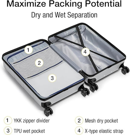 KYME Suitcases with Wheels Hardshell 26 Inch Luggage with TSA Lock Durable Medium Checked Travel Rolling Luggage with Cup Holder for Women Men Silver Grey