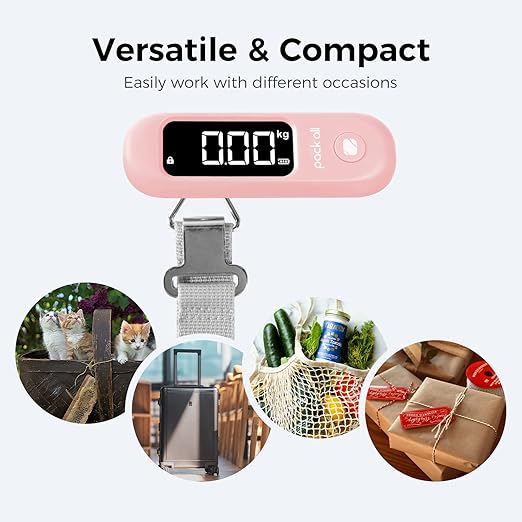 pack all 110 Lbs Luggage Scale, Digital Handheld Baggage Scale, Travel Suitcase Weight Scale with LCD Display, Battery Included, Pink