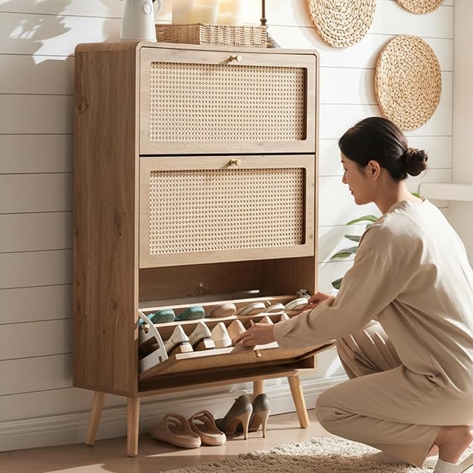 Rattan Shoe Cabinet with 3 Flip Drawers, 24 Pairs Narrow Shoe Storage Cabinet for Entryway Freestanding Hidden Shoe Rack, Modern Slim Wood Shoe Organizer for Hallway, Natural