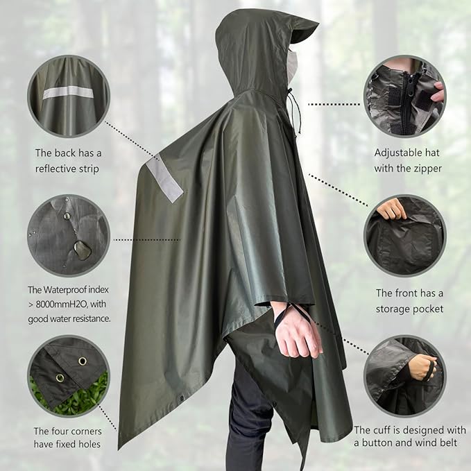 Hooded Rain Poncho,Multi Use Waterproof Raincoat,For Hiking, Camping and Emergency,Suitable for Unisex Adults