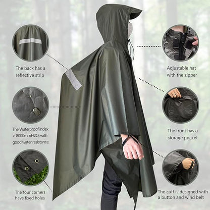 Hooded Rain Poncho,Multi Use Waterproof Raincoat,For Hiking, Camping and Emergency,Suitable for Unisex Adults
