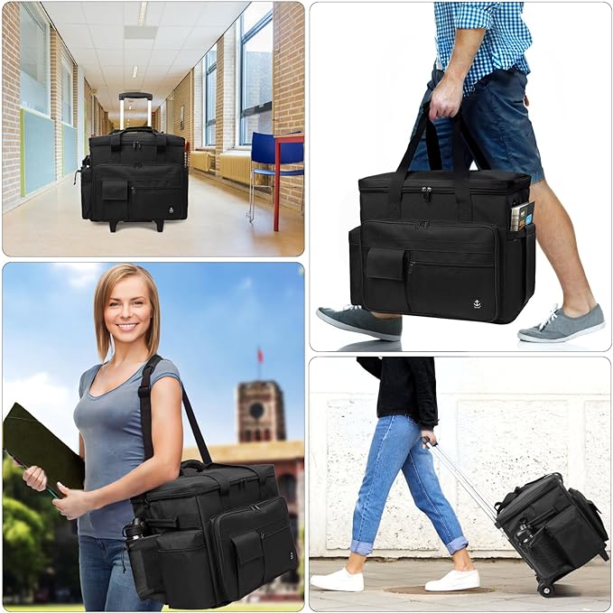 Rolling Teacher Bag, Rolling Briefcase with Detachable Trolley, Large capacity rolling bag with Laptop compartment, Adjustable Shoulder Strap, and Ample Storage Space