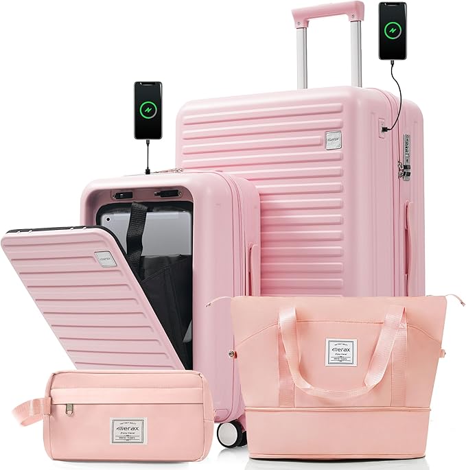 Merax 4-Piece Luggage Set with USB Charging Ports Suitcase with TSA Lock Travel Duffel Bag Wet-Dry Toiletry Bag, pink+Bag