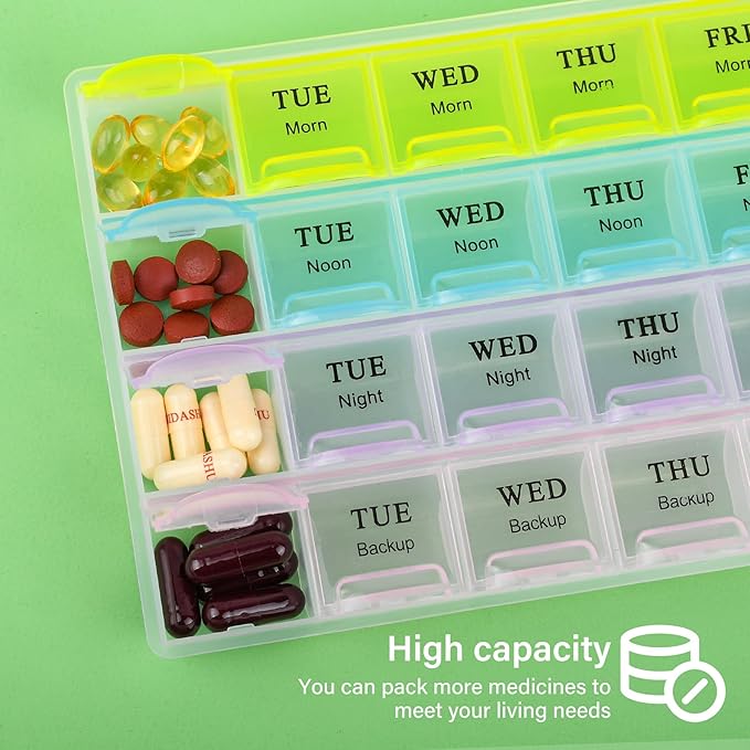 Large Weekly Pill Organizer 4 Times A Day, Medicine Cases,Moisture-Proof 7 Day Pill Box, Travel Pill Cases Portable for Pills Vitamin Fish Oil Supplements
