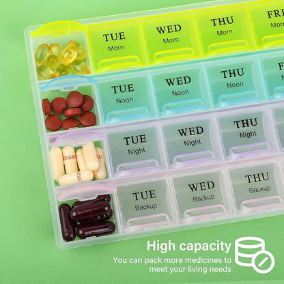 Large Weekly Pill Organizer 4 Times A Day, Medicine Cases,Moisture-Proof 7 Day Pill Box, Travel Pill Cases Portable for Pills Vitamin Fish Oil Supplements
