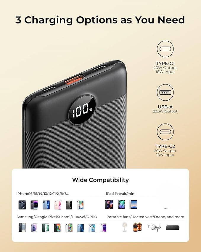 Small Portable Charger 10000mAh, Mini Power Bank with LED Display, 22.5W PD Fast Charging USB-C Battery Pack, Compact Lightweight Travel Charger Compatible with iPhone Samsung Android, Black