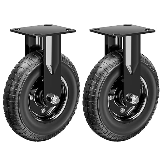 8 Inch Caster Wheels Set of 2 (2 Fixed), 800lb Total Capacity, Heavy Duty Plate Casters with Solid Rubber Knobby Tread for Workbench, Cart, Dolly, Trolley, Wagon, and Outdoor Use