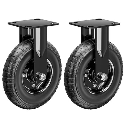 8 Inch Caster Wheels Set of 2 (2 Fixed), 800lb Total Capacity, Heavy Duty Plate Casters with Solid Rubber Knobby Tread for Workbench, Cart, Dolly, Trolley, Wagon, and Outdoor Use